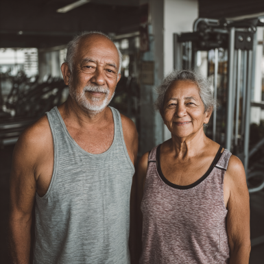 Persona mayor haciendo ejercicio con instructor